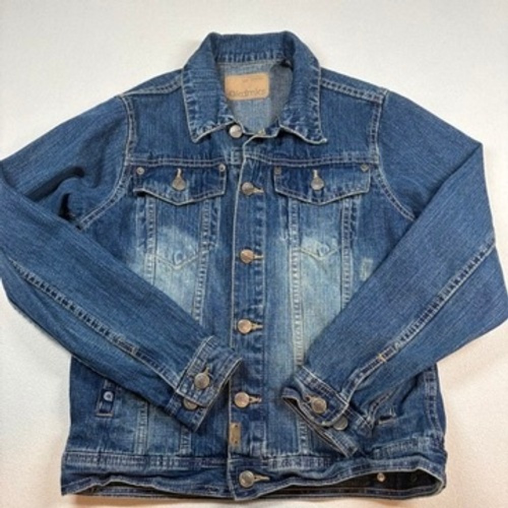 Vtg Y2K Akdmks Womens Denim Trucker Jacket Distressed Blue Sz M 10-12 Streetwear